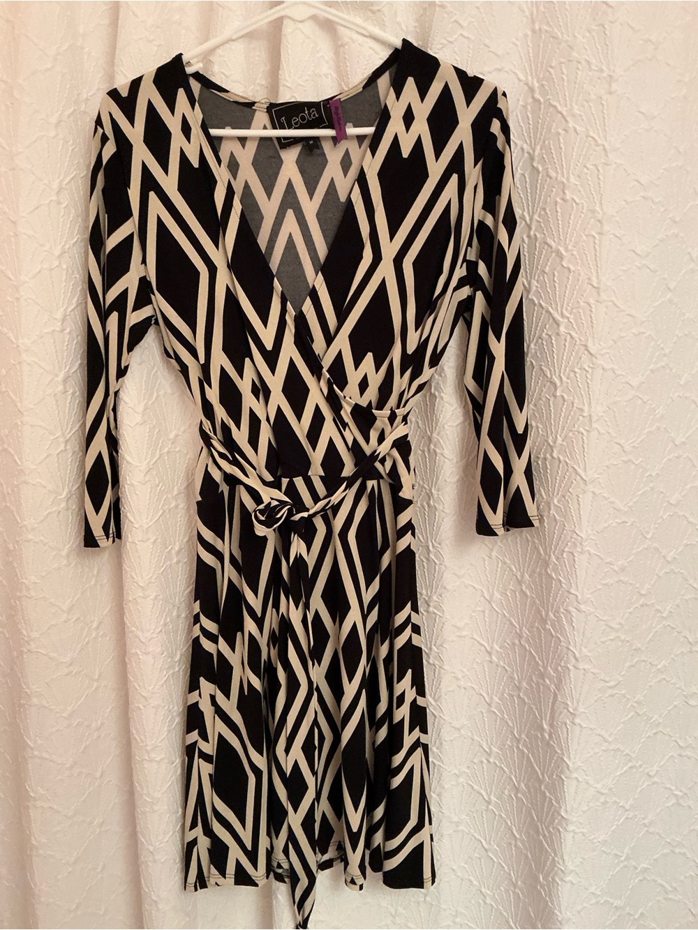 Leota Black and Cream Geometric Wrap Midi Dress